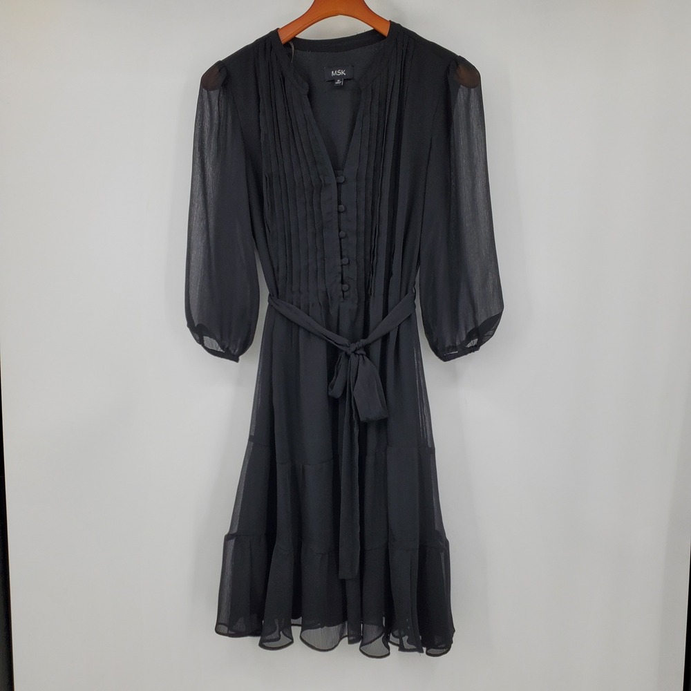 MSK Black Chiffon Tiered Dress Sheer Sleeve Whimsigoth Witchy Boho 10 Romantic